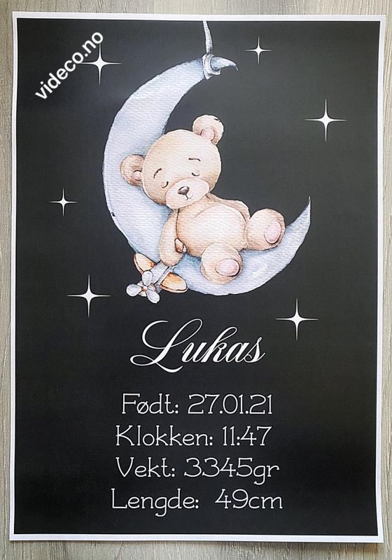 Plakat, sort m/bilde og fødselsinfo