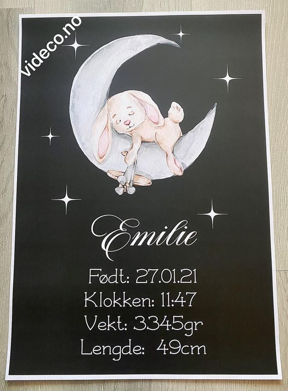 Plakat, sort m/bilde og fødselsinfo